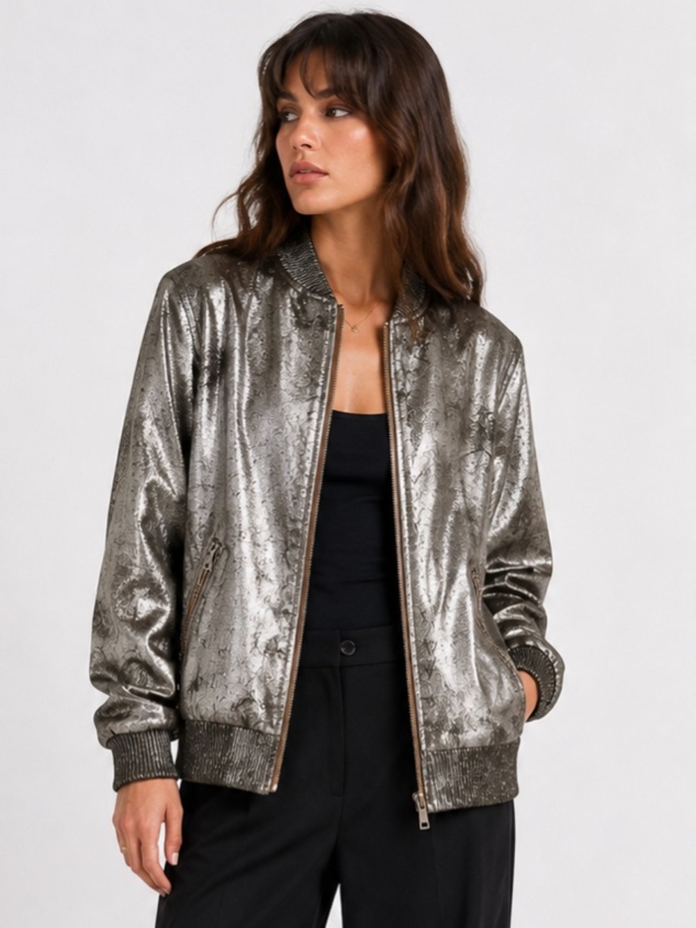 NWT Zara Metallic Silver Bomber Jacket - Feels like suede/leather
